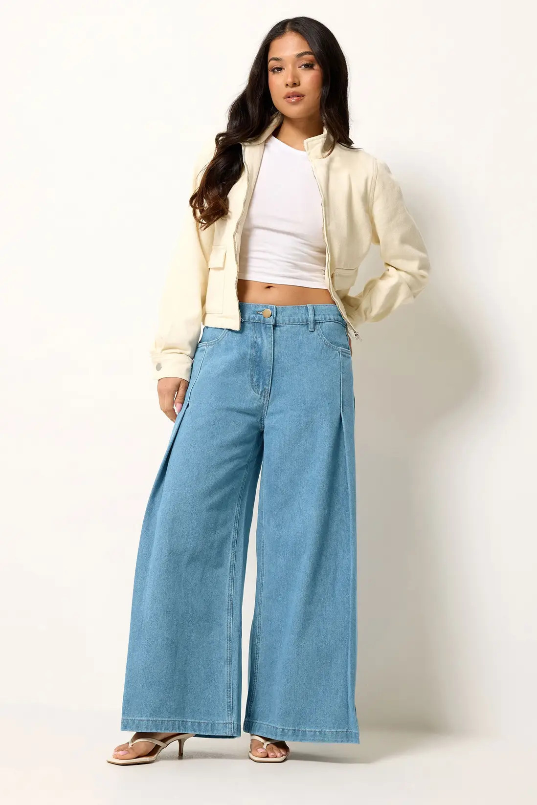 Mid Blue PixieGirl Petite Pleated Palazzo Wide Leg Jeans | Debenhams | Debenhams UK
