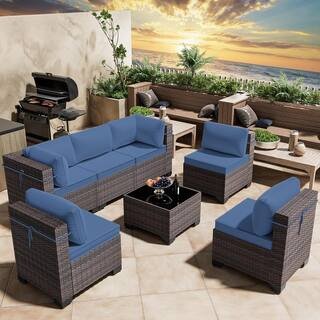 Halmuz 7-Piece Wicker Outdoor Sectional Set with Cushion Navy Blue 7PS-NavyBlue - The Home Depot | The Home Depot