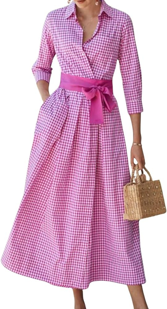 chouyatou Women's Retro Plaid Button Up Maxi Shirt Dress 3/4 Sleeve Gingham Pocketed Long Dress w... | Amazon (US)