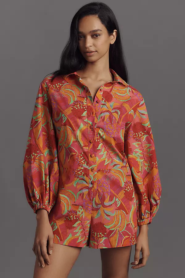 Farm Rio x Anthropologie Long-Sleeve Printed Collared Romper | Anthropologie (US)