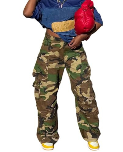 Voghtic Camo Pants Women High Waist Wide Leg Baggy Camouflage Army Fatigue Jeans Denim Cargo Pants Streetwear | Amazon (US)