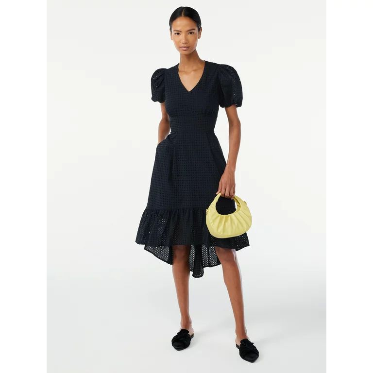 Scoop Women's High Low Eyelet Midi Dress with Puff Sleeves - Walmart.com | Walmart (US)