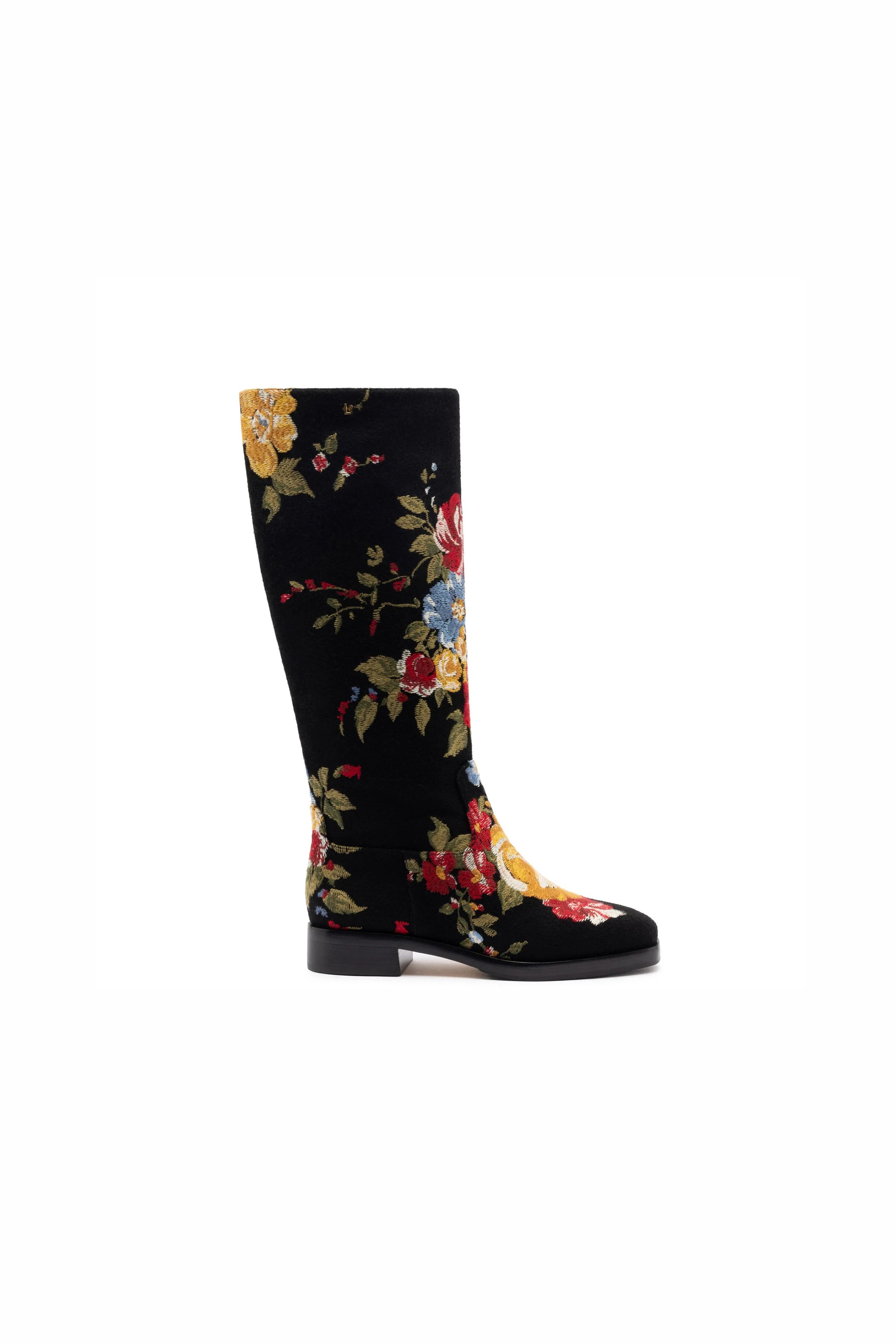 Larroudé x Markarian Flat Boot In Black Wool and Floral Embroidery | Markarian