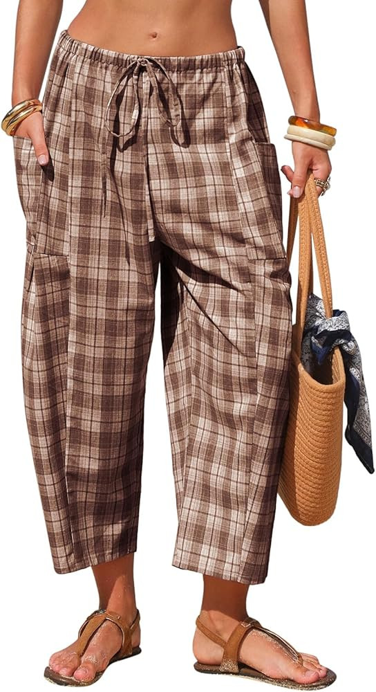 EXLURA Womens Cotton Faux Linen Gingham Barrel Capri Pants Plaid Palazzo Trousers Harem Pants Poc... | Amazon (US)