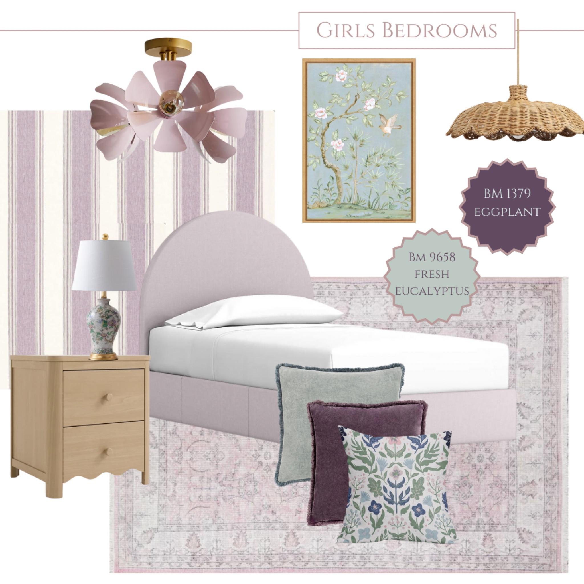 Lavender, teal and plum with subtle warm tones mixed throughout. Shop this little girls room! 💜🤎