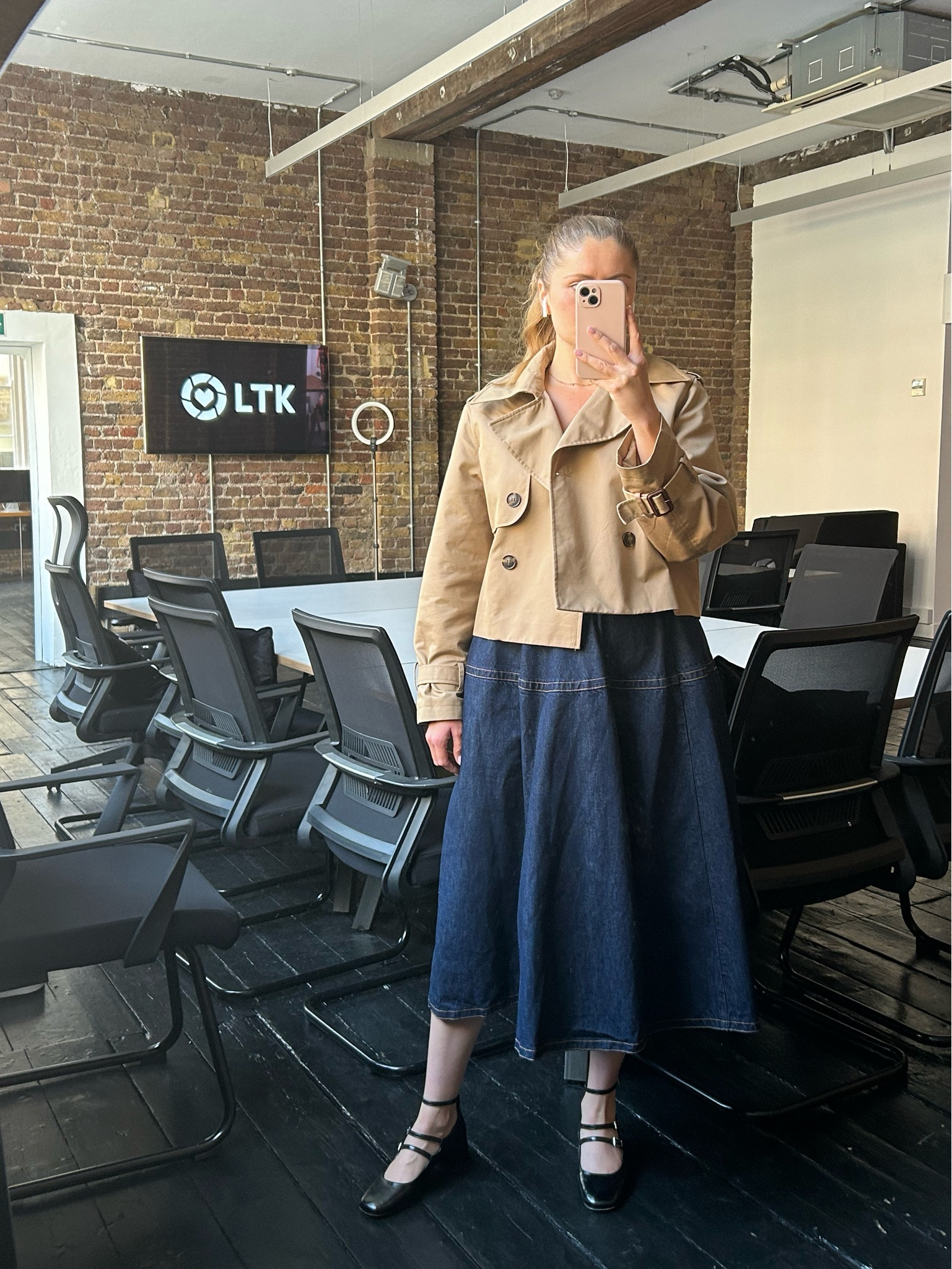 work outfit, office outfits, sneakers, workwear, office, denim skirt, midi skirt, cropped trench jacket, trench coat, summer outfits

#LTKeurope #LTKworkwear #LTKuk