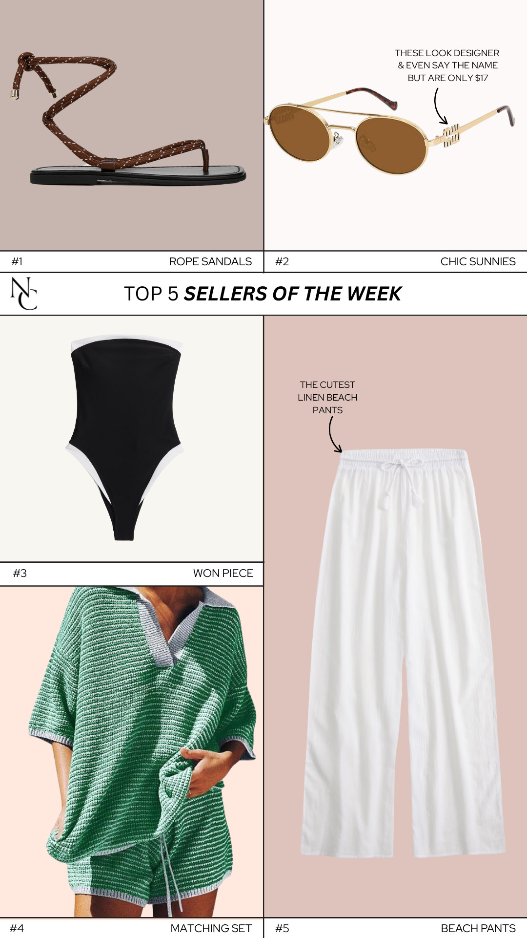 Your favorites of the week all in one place!  Shop them here!

Nicole Colee, Style, NCSTyle, top 5, pants, beach, swim, vacation outfits, matching sets, bargain sunglasses 

 #LTKSummerEdit #LTKSaleAlert #LTKStyleTip