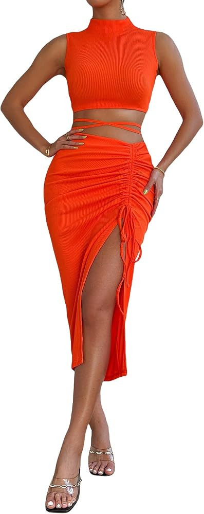 Verdusa Women's 2 Piece Outfit Mock Neck Crop Tank Top and Drawstring Split Skirt Sets | Amazon (US)