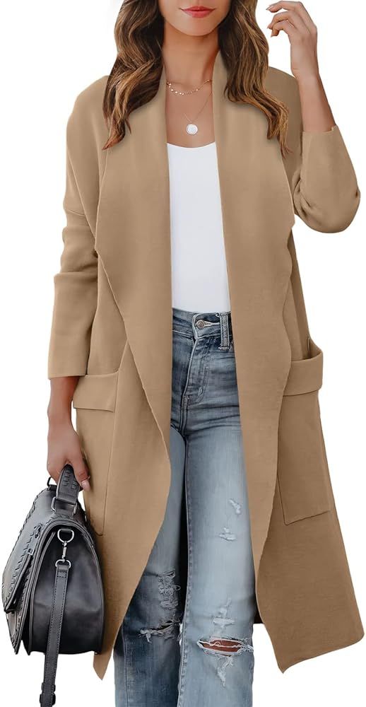 Women's Casual Long Sleeve Draped Open Front Knit Pockets Long Cardigan Jackets Sweater | Amazon (US)