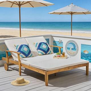 Brown Wood Outdoor Sunbed Day Bed Chaise Lounge with Beige Cushions for Pool Garden and Backyard | The Home Depot
