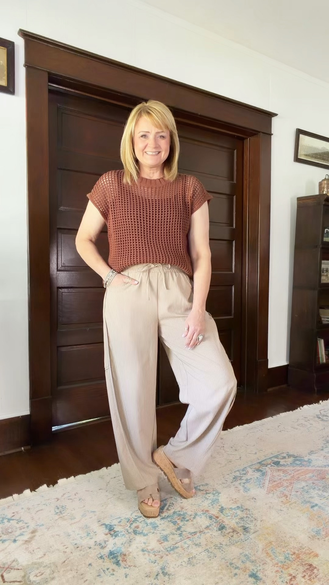Affordable and comfortable.  Many color options.  I’m wearing my true size in each.  The pants are striped and have seaming detail down the side. 

#LTKOver40