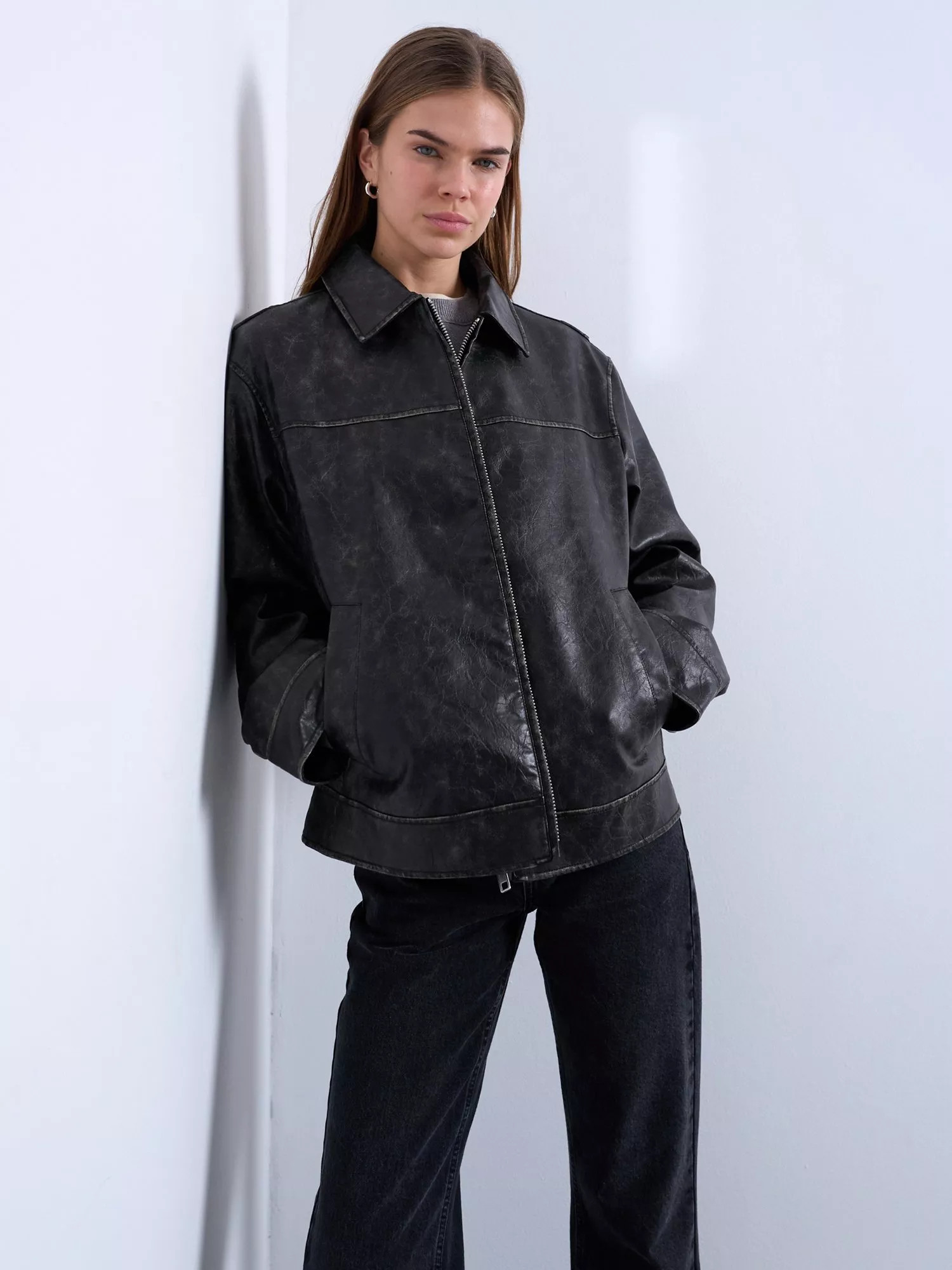 Topshop Boxy Faux Leather Jacket, Black | John Lewis (UK)