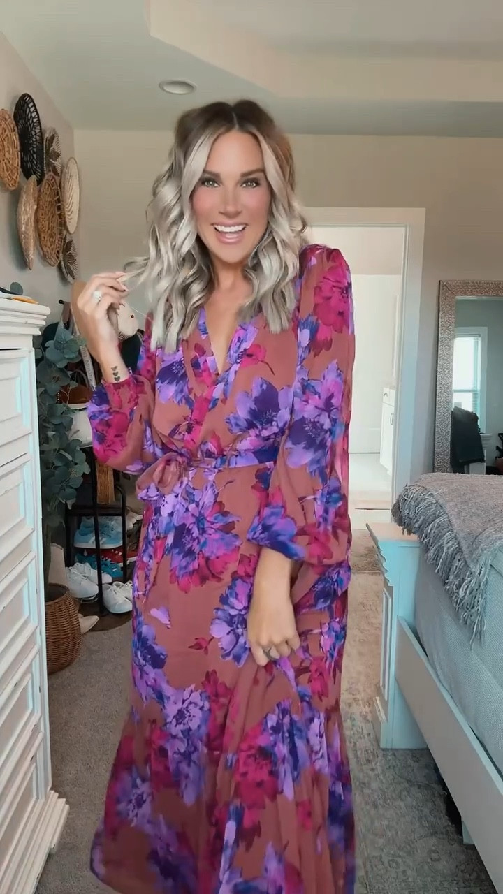 Are you kidding with this fall wedding guest dress from Walmart?!! The floral purple and maroon long sleeve chiffon dress with the nude sandals is a must! #walmartfashion #walmartpartner #walmart #womensfashion #affordablefashion 

#LTKSeasonal #LTKFindsUnder50 #LTKMidsize