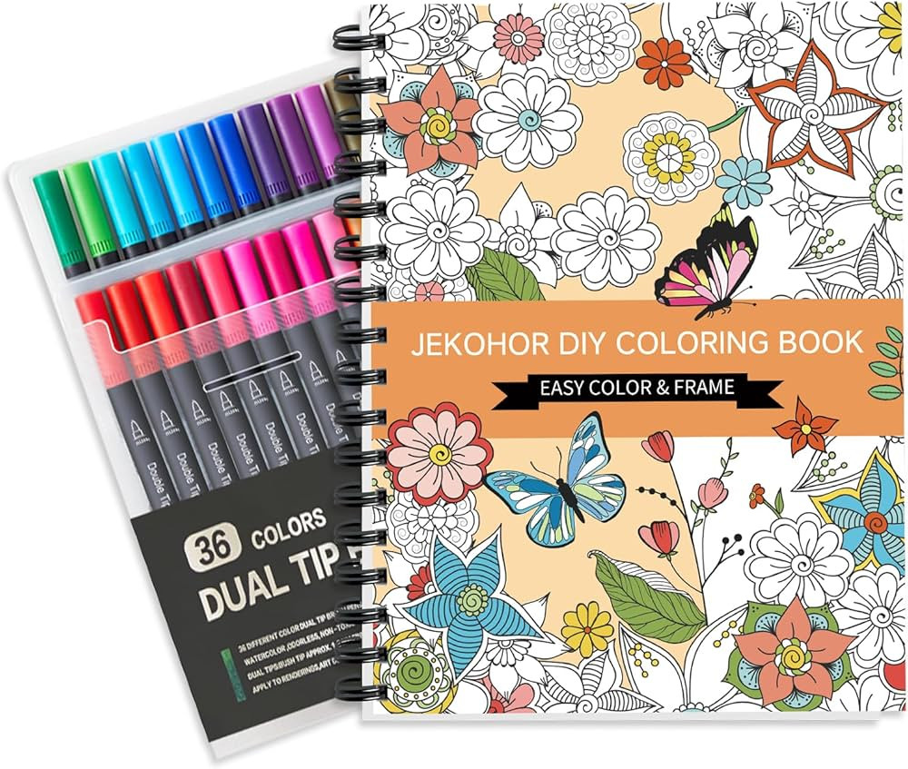 Adult Coloring Book Set,Spiral Bound Coloring Book for Adults Relaxation with 36 Colors Markers, ... | Amazon (US)