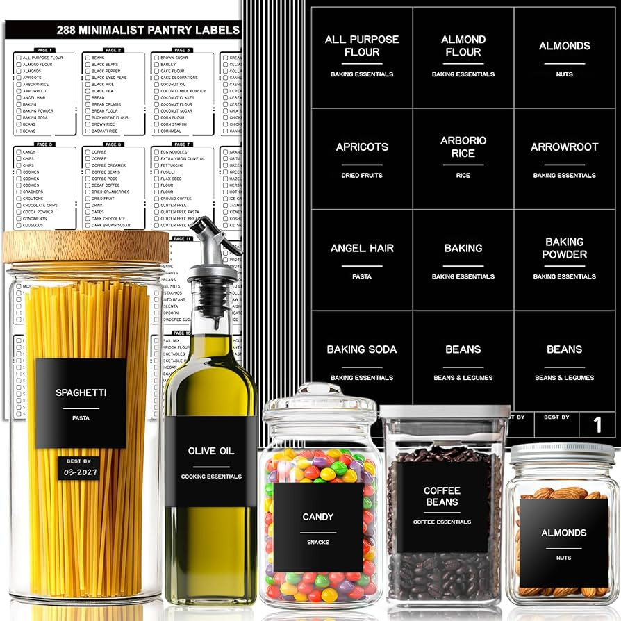 288 Pantry Labels for Food Containers, Black Preprinted Minimalist Waterproof Stickers for Organi... | Amazon (US)