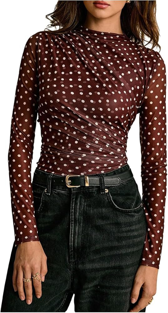 Milumia Women's Mock Neck Polka Dots Top Elegant Long Sleeve Mesh Ruched Fitted Tops | Amazon (US)