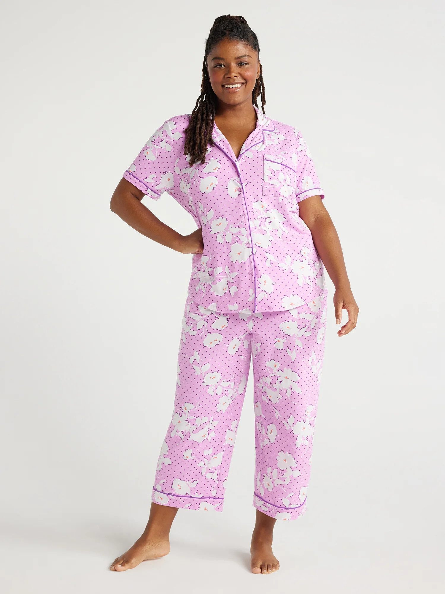 Joyspun Women's Knit Notch Collar Top and Capri Pants Pajama Set, 2-Piece, Sizes S to 3X | Walmart (US)