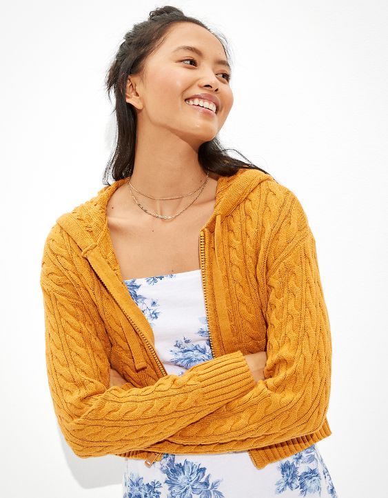 AE Cropped Cable Knit Zip-Up Sweater | American Eagle Outfitters (US & CA)