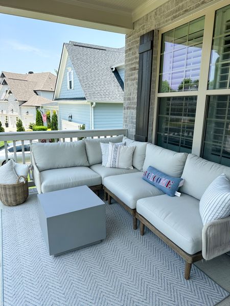 Patio decor on sale for Memorial Day weekend! Just got these new outdoor concrete cube coffee table (ordered 2 but one came damaged). To go with our neutral outdoor sectional. You can buy this as a set or build your own. The cushions are firm and supportive. The herringbone indoor/outdoor rug is also on sale 20% off this weekend. I love to sit here in our front porch to unwind and watch the sunset :) 

#LTKhome #LTKsalealert
