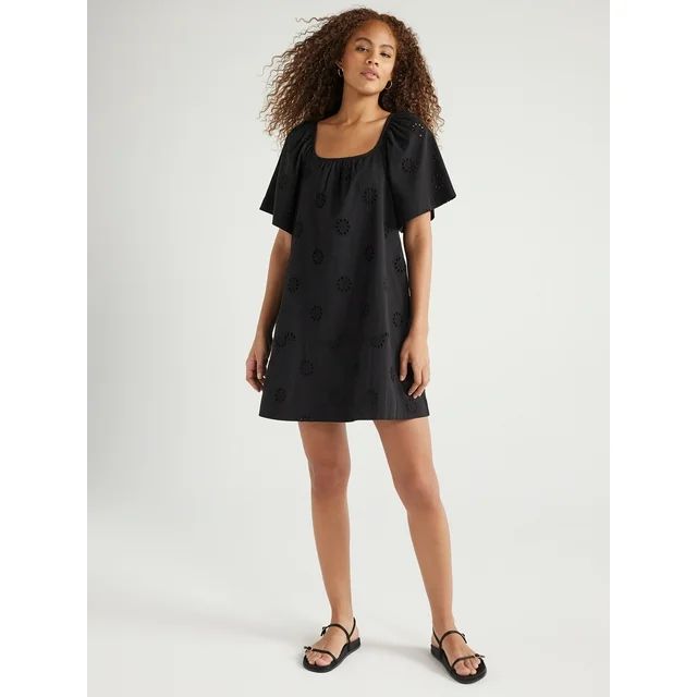 Free Assembly Women's Square Neck Eyelet Mini Dress with Short Sleeves, Sizes XS-XXL | Walmart (US)