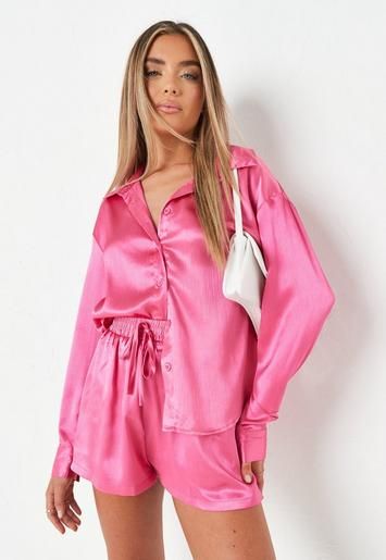 Missguided - Petite Pink Co Ord Crinkle Satin Shirt | Missguided (US & CA)