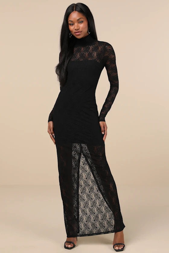 Famous Impression Black Lace Mock Neck Long Sleeve Maxi Dress | Lulus
