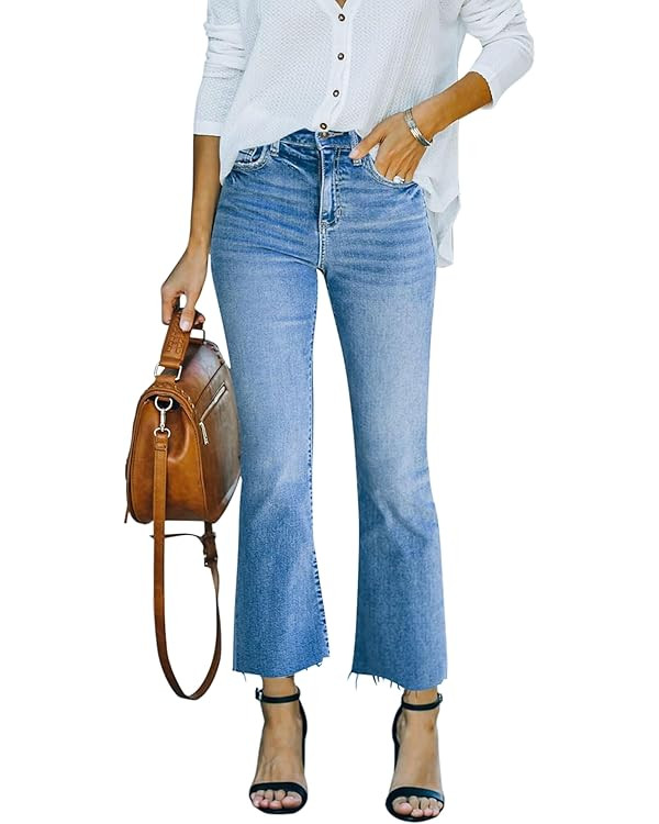 Flare Jeans for Women Cropped Stretchy Mid Rise Bell Bottom Jeans Womens Crop Flare Jeans with Ra... | Amazon (US)