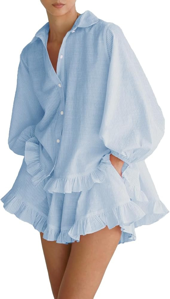 Womens 2 Piece Outfits Ruffle Trim Long Sleeve Button Down Shirt and Shorts Casual Striped Lounge... | Amazon (US)