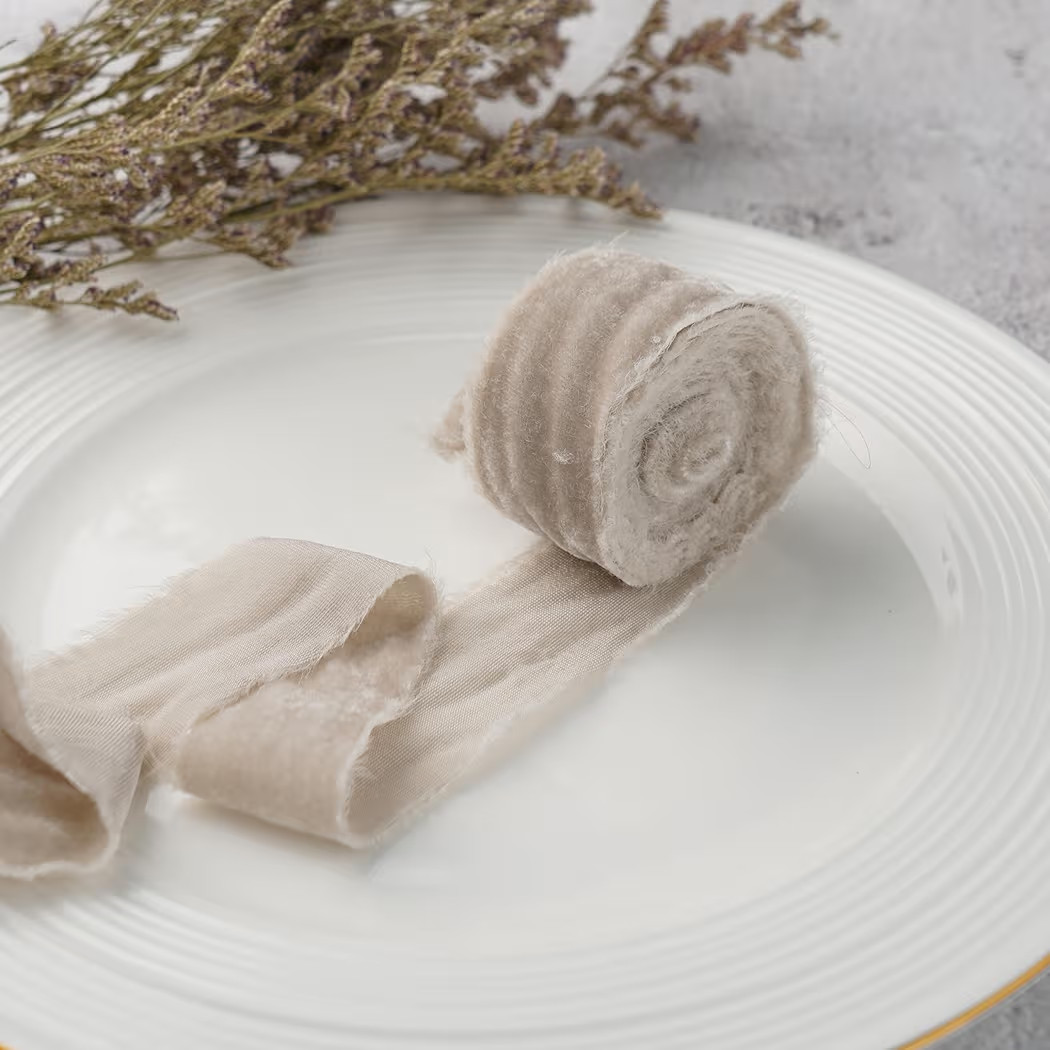 Taupe Velvet Ribbon - 1.5 Inch Frayed Silk Velvet Ribbon for Rustic Christmas, Wedding Invitations, Bridal Bouquets - 3 Yards | Amazon (US)