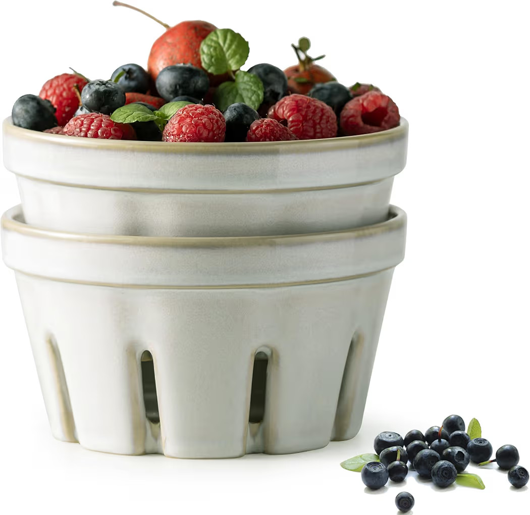 Gomakren Fruit Basket for Kitchen, Fruit Bowl with Holes, Ceramic Berry Basket Set of 2, 5.8 Inch... | Amazon (US)