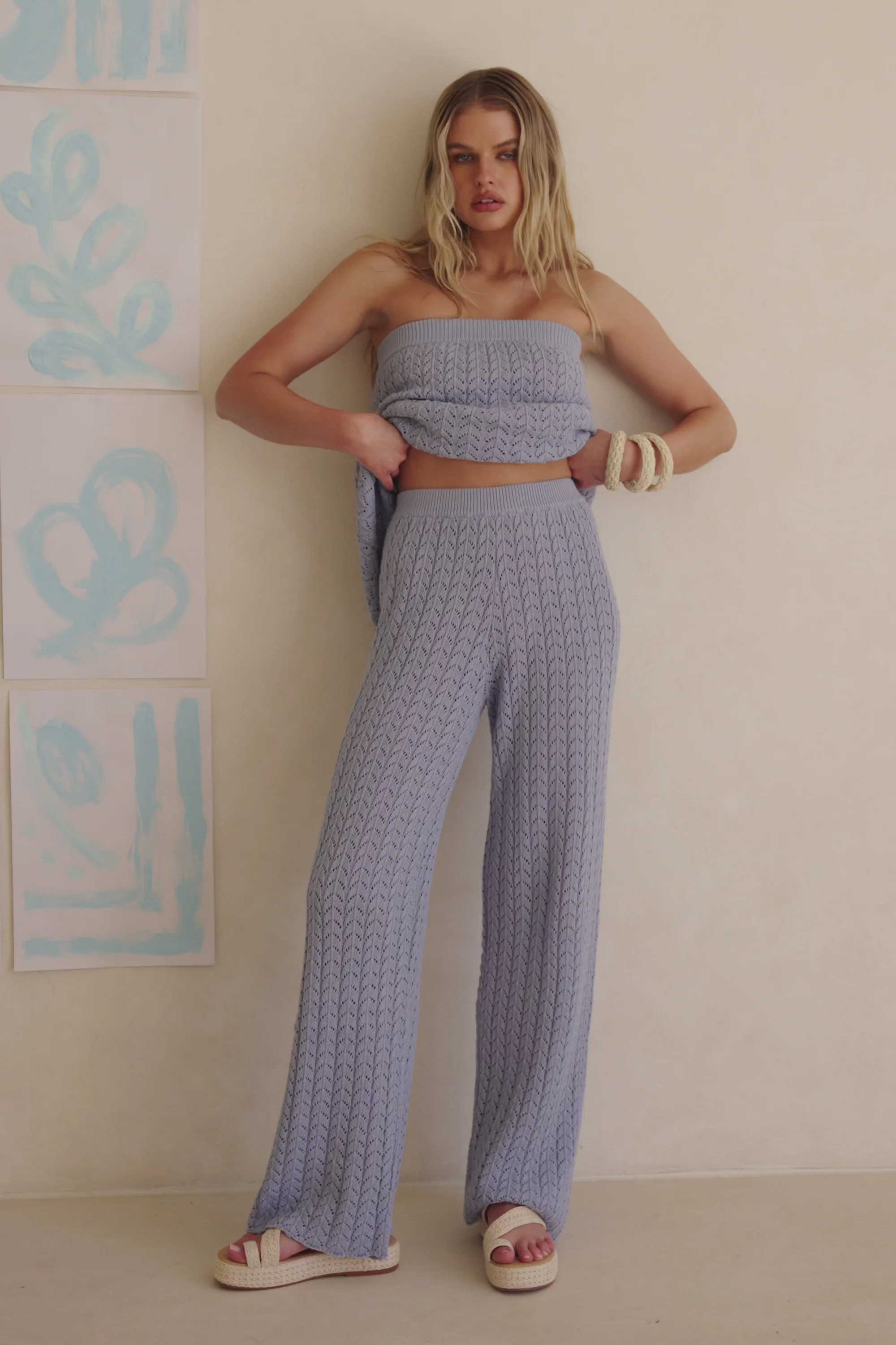 Blue Pointelle Knit High Waist Athena Pants | Sabo Skirt US