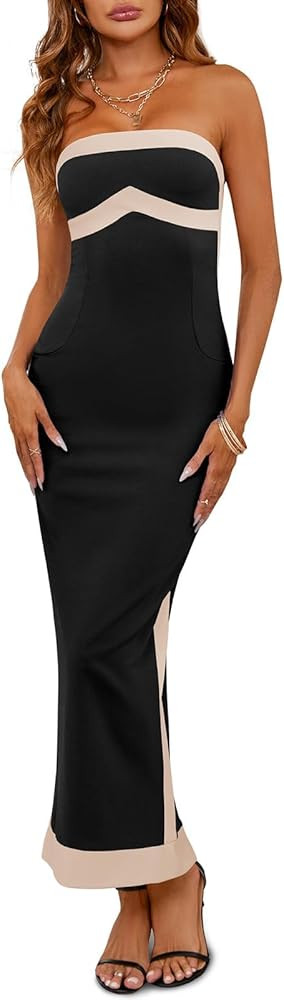 Fisoew Womens Strapless Bodycon Dress Sexy Contrast Color Off Shoulder Party Tube Maxi Dresses | Amazon (US)