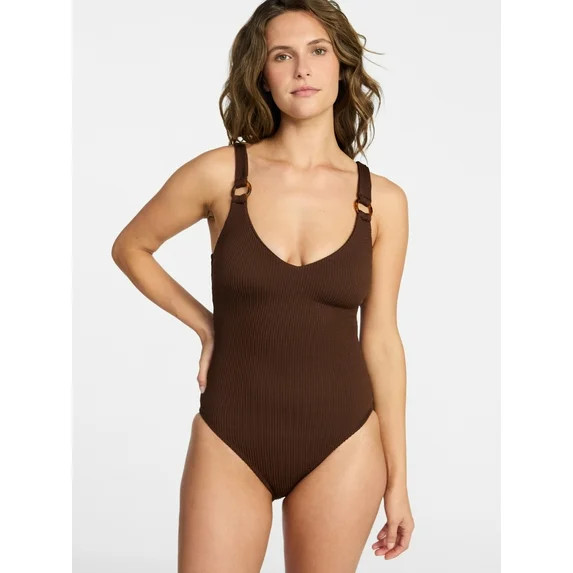 Time and Tru Women's and Women’s Plus Crinkle Plunge One-Piece Swimsuit, Sizes XS-3X | Walmart (US)