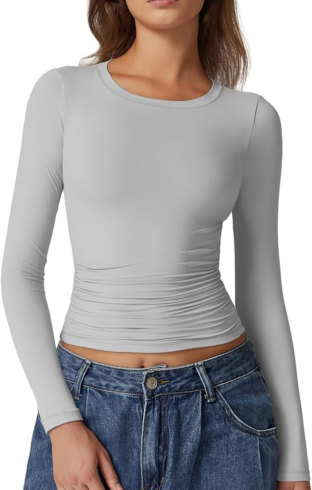 QINSEN Womens Crewneck Long Sleeve Shirt Double Lined Basic Tees Side Ruched Going Out Crop Tops | Amazon (US)