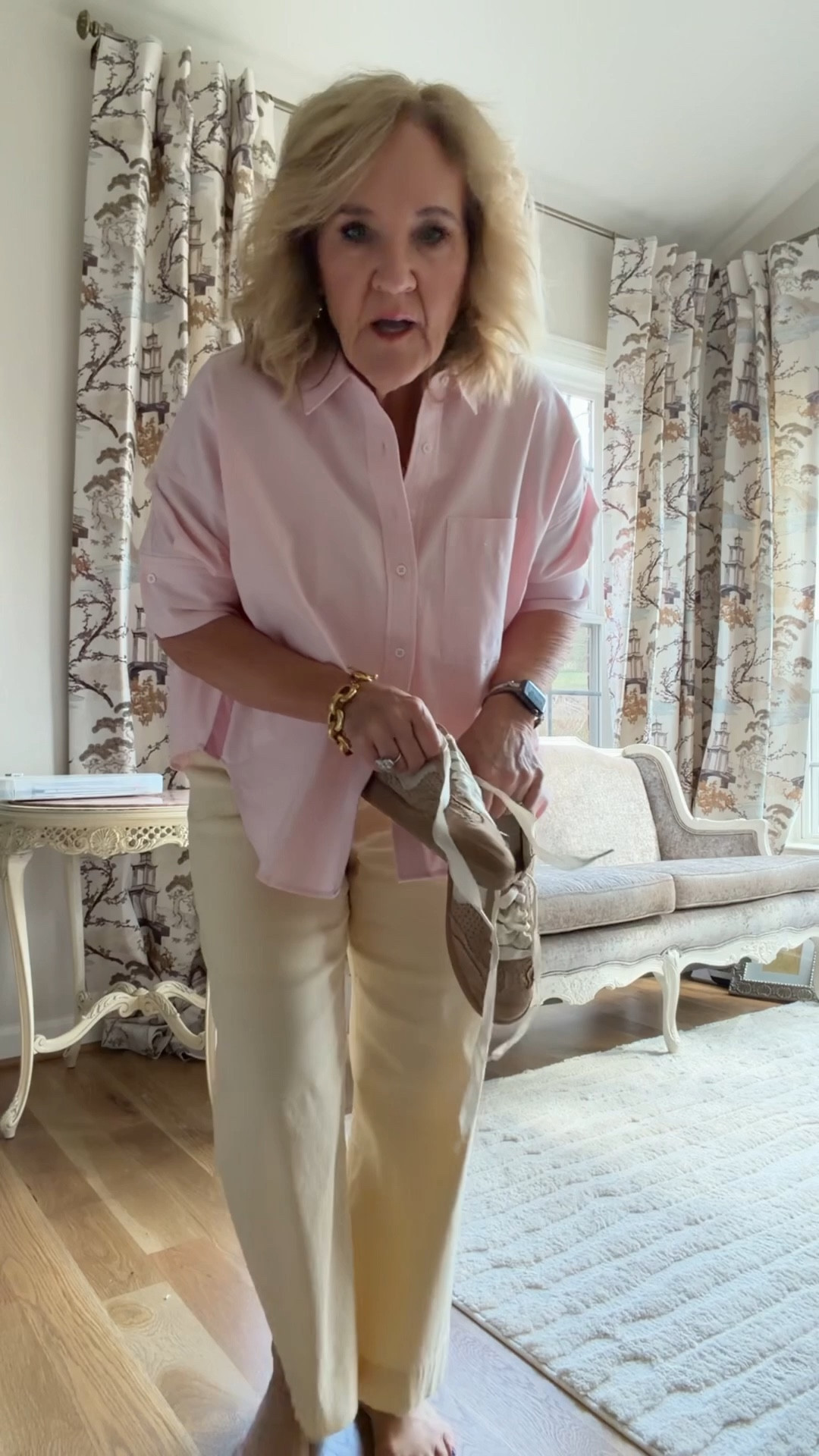 Very pale yellow Colette pants size 29 petite 
Options on what to wear with them 
All true to size medium unless noted below 
Oxford shirts size small
Denim swing top size small 

#LTKspring #LTKSaleAlert #LTKOver40