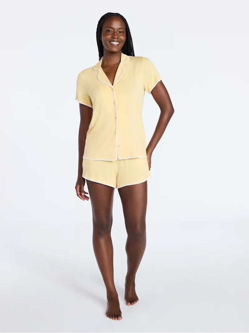 Joyspun Women’s Notch Top and Boxer Shorts Pajama Set with Blanket Stitching, 2-Piece, Sizes XS... | Walmart (US)