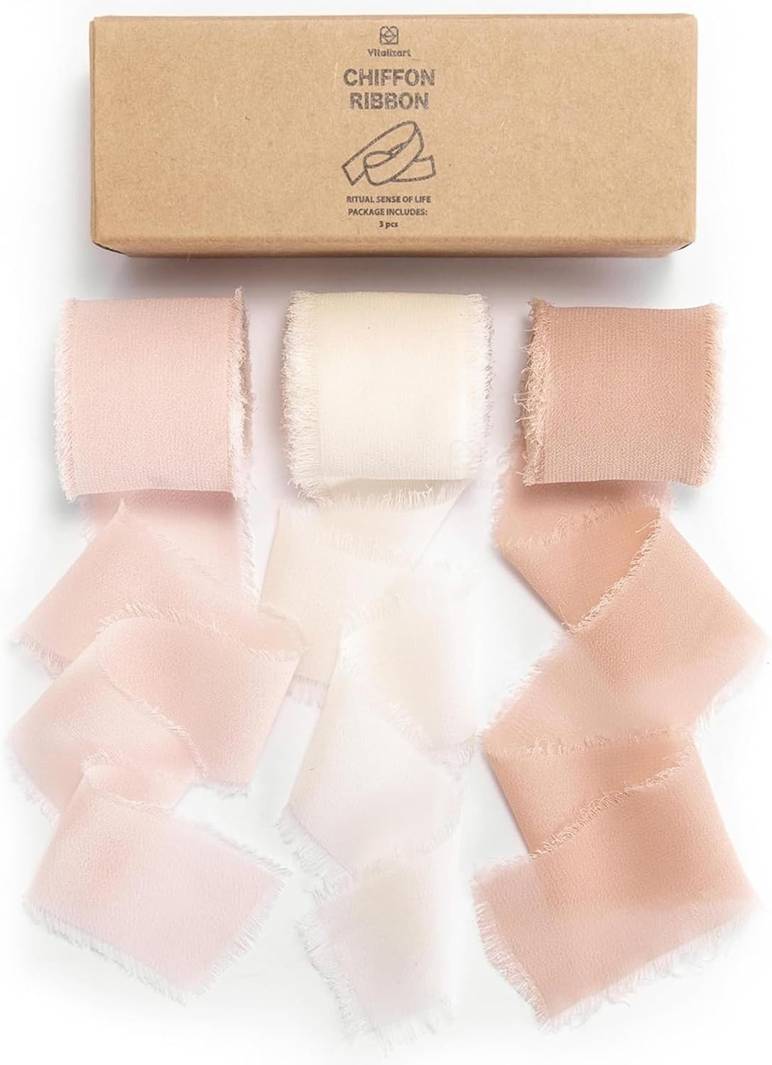 Vitalizart Handmade Chiffon Silk Ribbon 1.5" x 21 Yd Pink & Cream Frayed | Amazon (US)