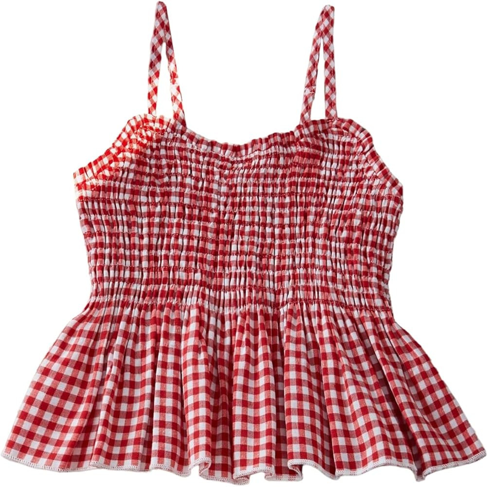 RoseSeek Girl's Y2K Gingham Peplum Cami Tops Ruffle Hem Spaghetti Strap Babydoll Plaid Summer Cro... | Amazon (US)