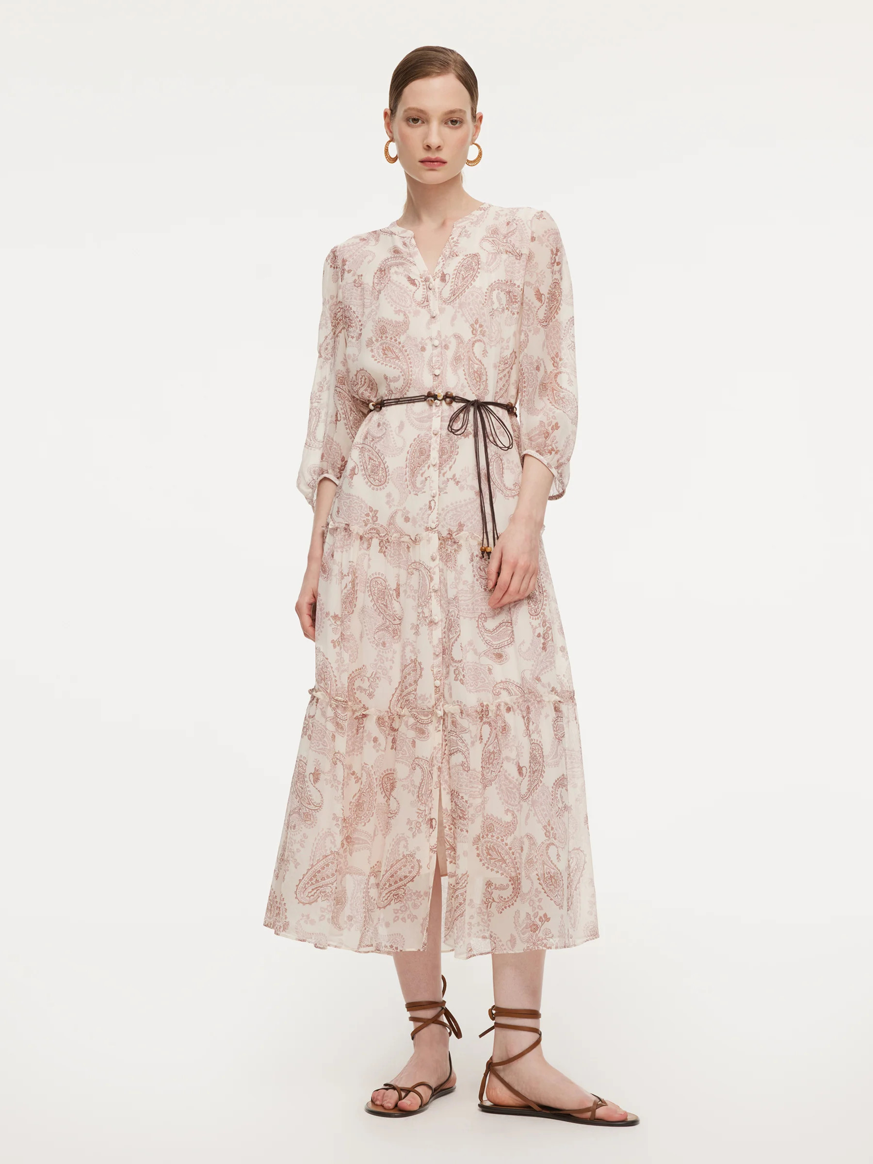 10MM Mulberry Silk Paisley Print Women Maxi Dress With Two Self-Tie Belts | GOELIA