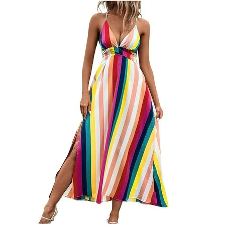 Jsezml Women s Sleeveless Striped Dress Colorful Color Block Sexy V Neck Backless Spaghetti Straps S | Walmart (US)