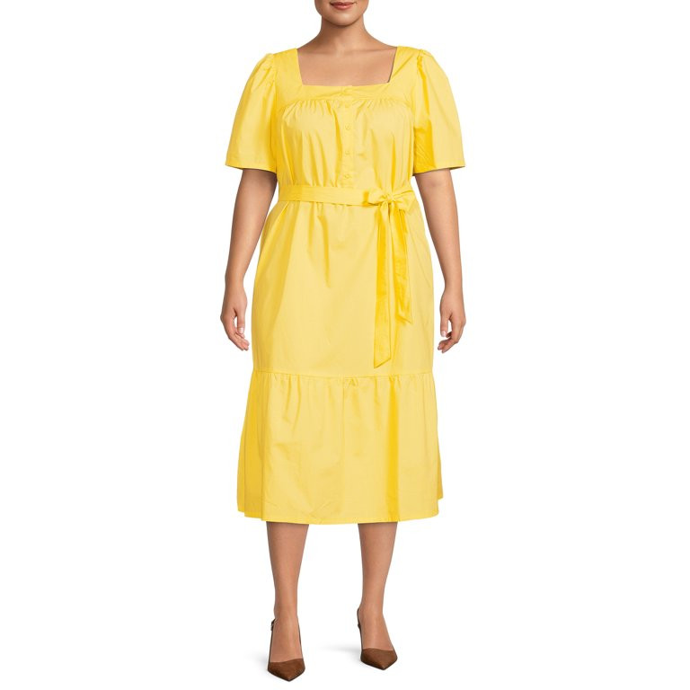 The Get Women's Plus Size Short Sleeve Midi Dress with Puff Shoulders | Walmart (US)