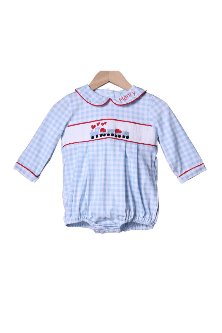 Smocked Love Train Blue Gingham Bubble | The Smocked Flamingo