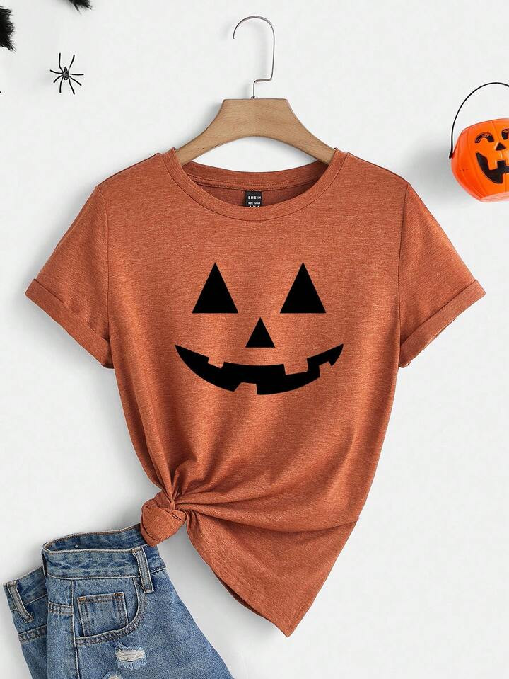 SHEIN LUNE Casual Minimalist Pattern Round Neck Short Sleeve Loose Women T-Shirt, Pumpkin Face Print, Suitable For Halloween | SHEIN
