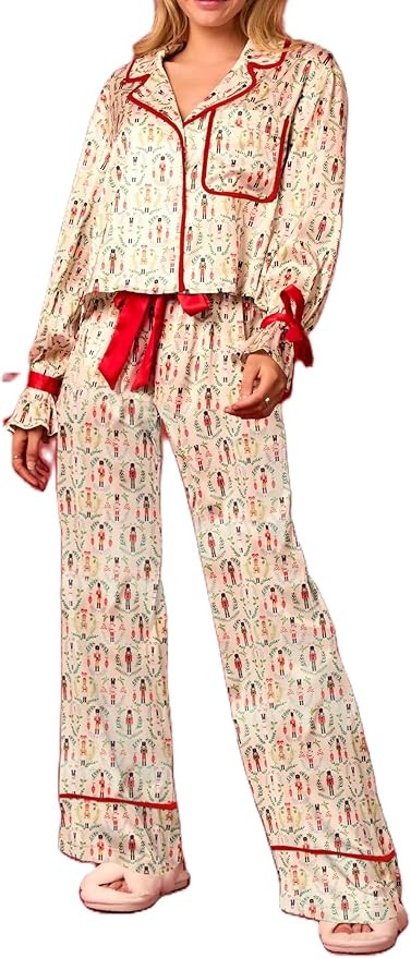 Luckinbaby Women Christmas Satin 2 Piece Pajamas Set Bow Tie Long Sleeve Shirts Pants Santa Claus... | Amazon (US)