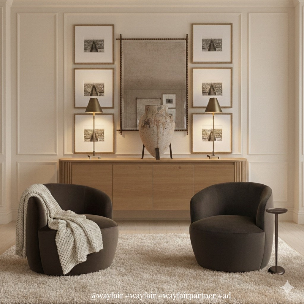 I love creating these styled corners that are about function but also making the space feel warm and finished 🤎 The sideboard with the layered frames, center mirror, and two chairs gives such an RH-inspired look and instantly elevates the whole room. Now I’m thinking this exact vibe needs to happen in my office too because it’s just too good not to recreate 😍

@wayfair #wayfair #wayfairpartner #ad 

#LTKHome #LTKOver40 #LTKSaleAlert