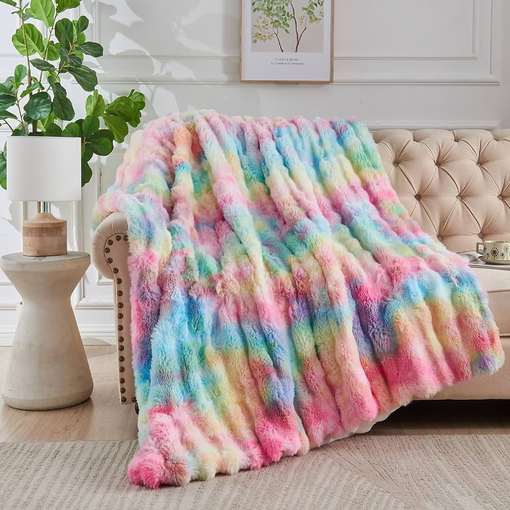 Lotus Karen Faux Fur Throw Blanket Rainbow - Big Bubble Rabbit Fluff Blanket for Couch Bed Sofa,S... | Amazon (US)