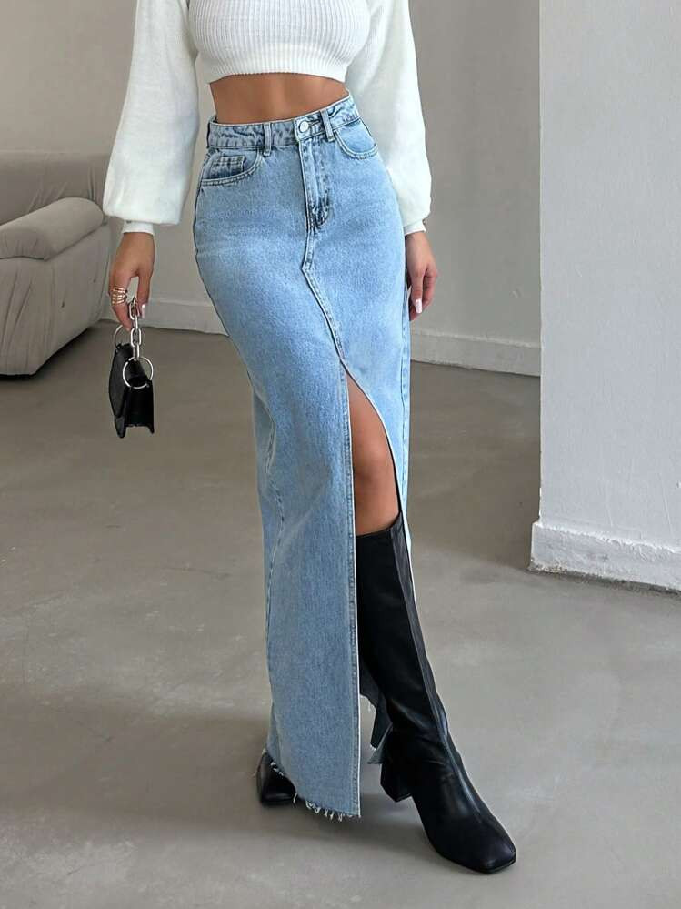 ZIRRA Women's Fashion High Slit Hem Super Long Denim Skirt | SHEIN