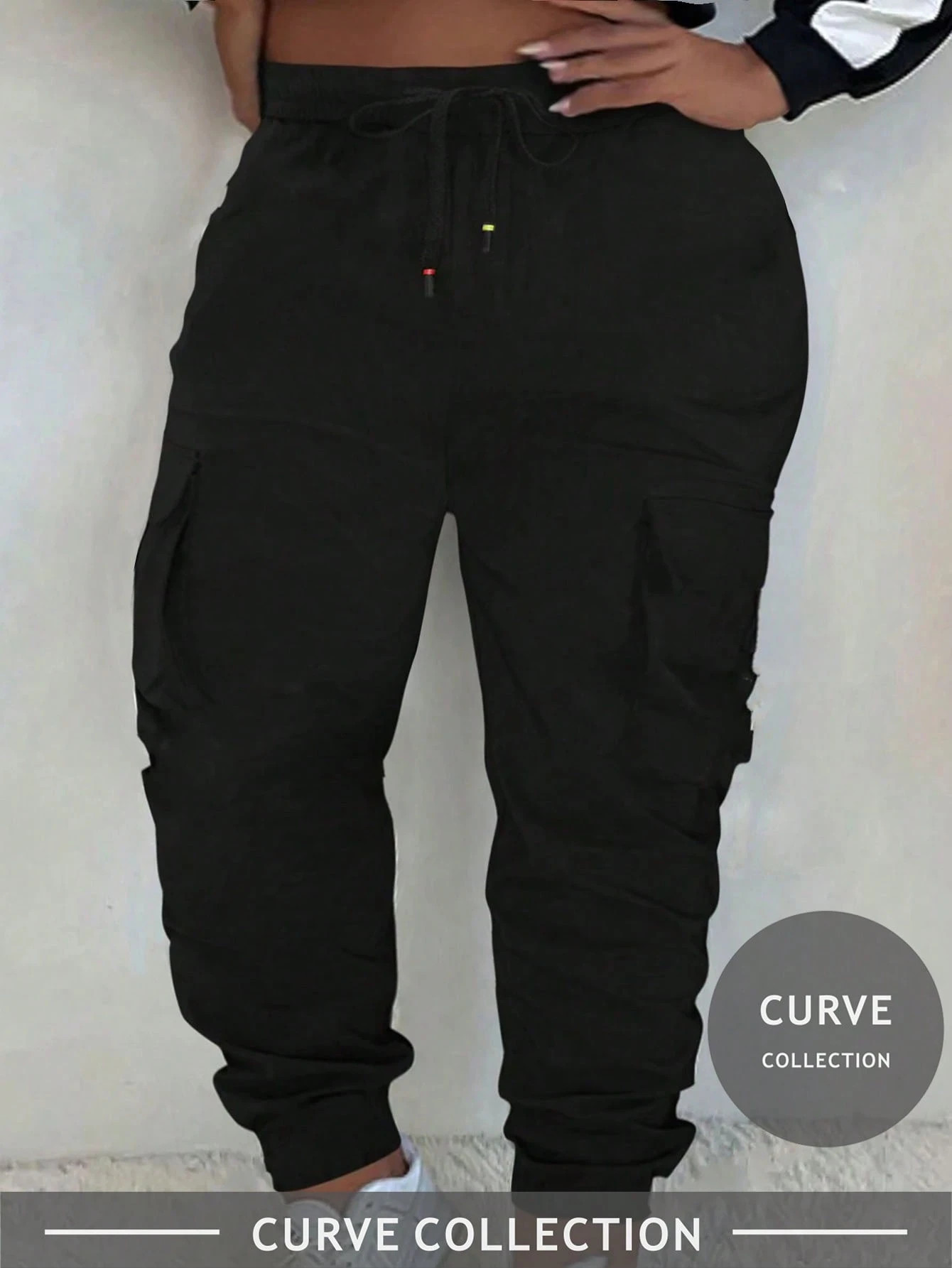 CURVE Plus Size Black Utility Cargo Pants - Tapered Ankle, Multi-Pocket Drawstring Waist For Year-Round, Street To Sport Effortless Wear,Country Outfits Women,Beach Outfits For Woman,Fourth Of July Women,Fall Women Clothes .Business Casual Woman Curve ,Saudi National Day & Christmas & Halloween Outfit | SHEIN