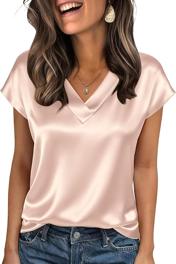 Zeagoo Women Silk Satin Tops Cap Short Sleeve Blouse V Neck Shirts Business Casual Outfits S-2XL | Amazon (US)