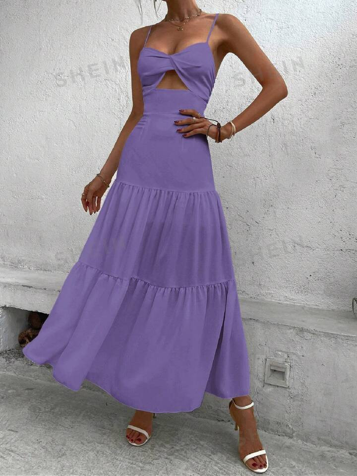 SHEIN LUNE Holiday Leisure Solid Color Twisted Hollow Out Cami Maxi Dress | SHEIN USA | SHEIN